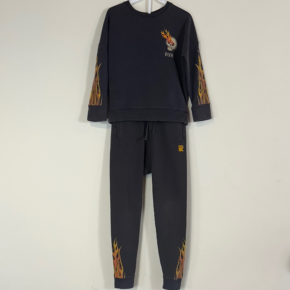 Rock Your Kid Black Skull Flame Graphic Sweatshirt & Joggers Set